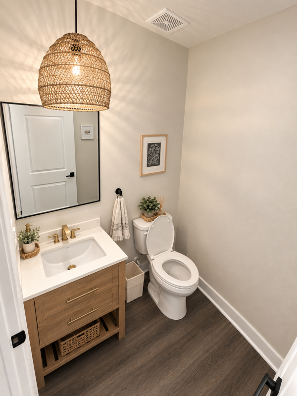 Upgraded half bath with baseboard, light fixture, mirror, and vanity.