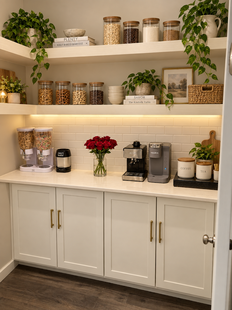 Pantry renovation with electrical circuit added, custom shelves, stone counter top, and cabinets - after.