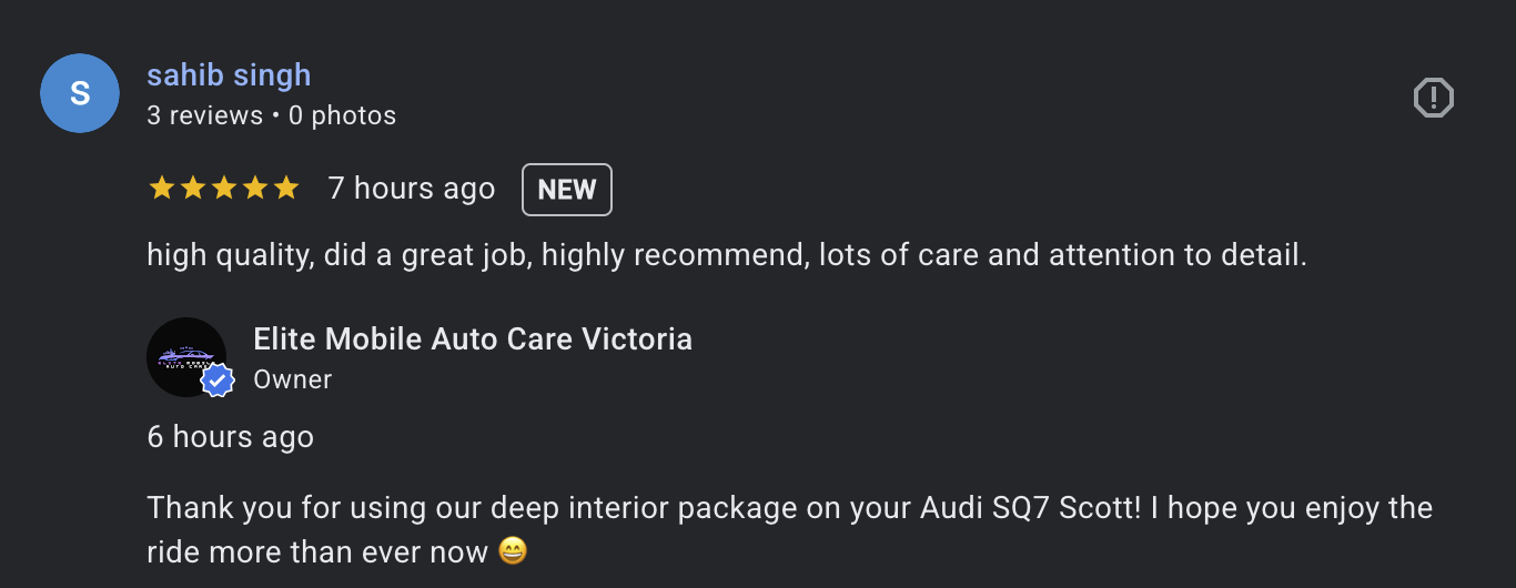 Screenshot of a Google review for Elite Mobile Auto Care Victoria, praising their high quality service and attention to detail, with a five-star rating from Sahib Singh.