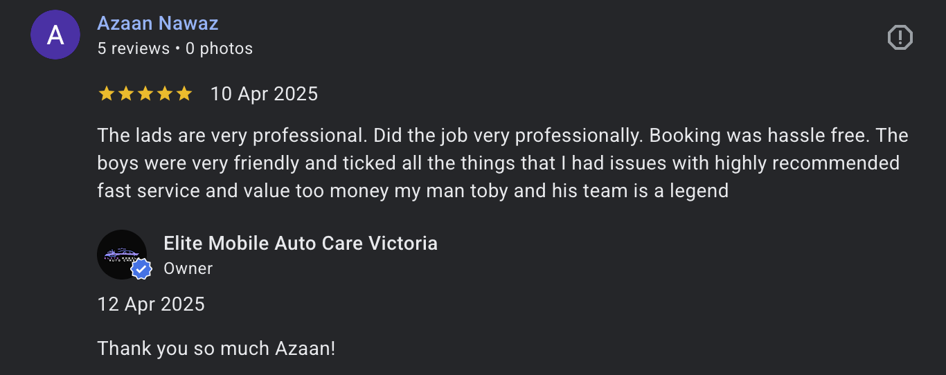 Screenshot of a Google review conversation between a customer and Auto Care Victoria. The customer's review is positive, praising the professional service, friendly staff, and quick, efficient work. The Auto Care Victoria owner responds with thanks.