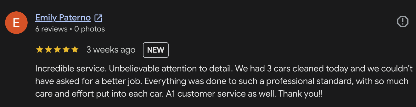 Screenshot of a Google review by Emily Paterno with a 5-star rating. The review praises excellent car cleaning service and customer care.