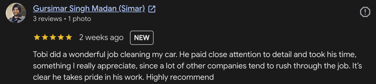 Screenshot of a customer review for a car cleaning service, praising Tobi for doing a thorough job and showing a five-star rating.