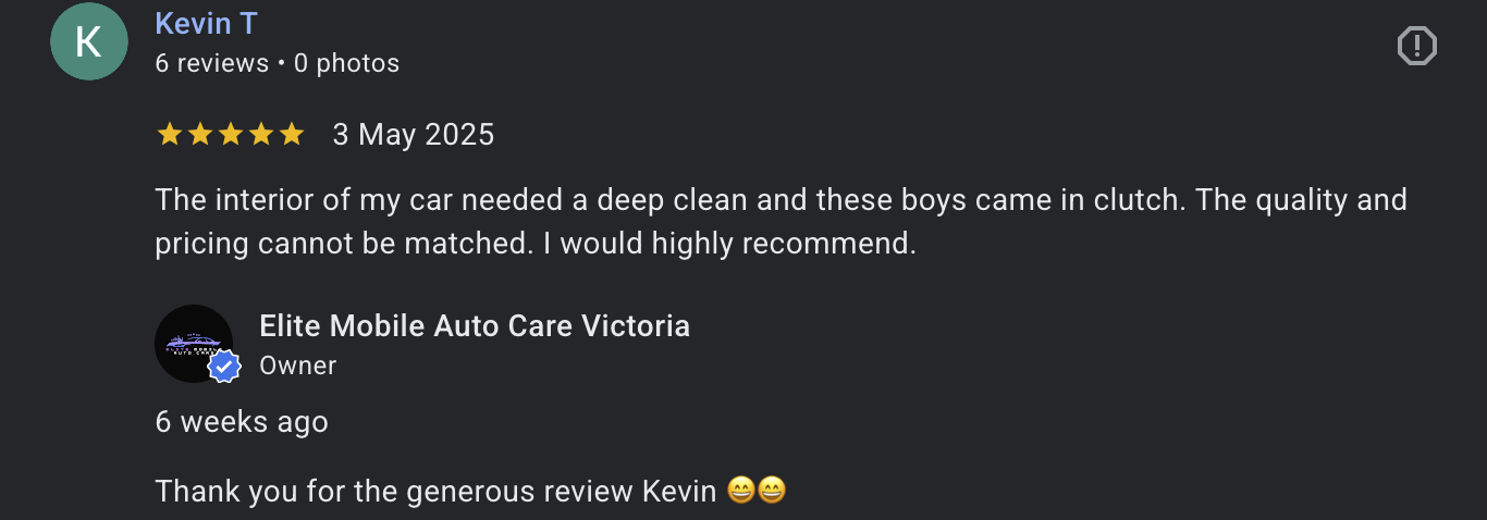 Screenshot of a Google review for Elite Mobile Auto Care Victoria. The review is five stars, dated May 3, 2025, and mentions a positive experience with car interior cleaning. The reviewer is named Kevin T.