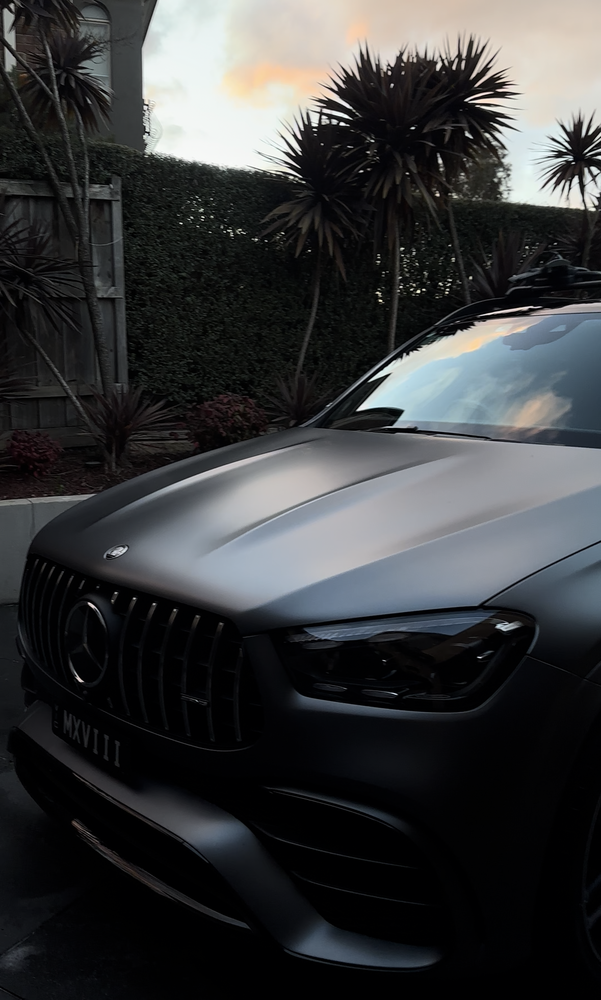 Close-up of a silver Mercedes-Benz car parked outdoors with trees and a fence in the background at dusk.