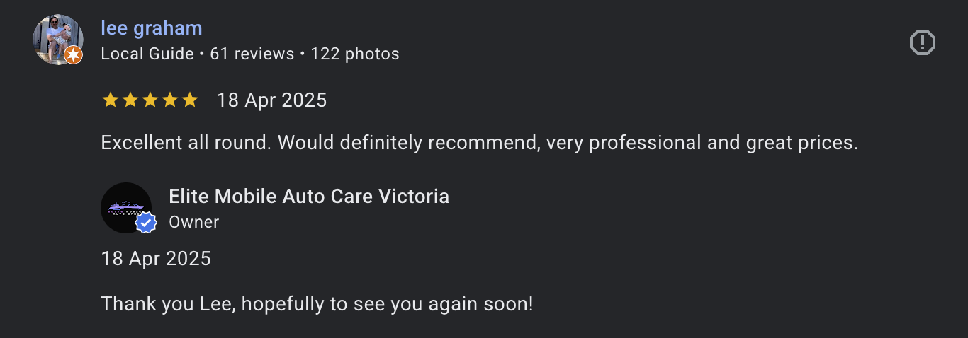 Online review by Lee Graham for Elite Mobile Auto Care Victoria, posted on April 18, 2025, giving a 5-star rating with a comment praising the service as excellent and professional.