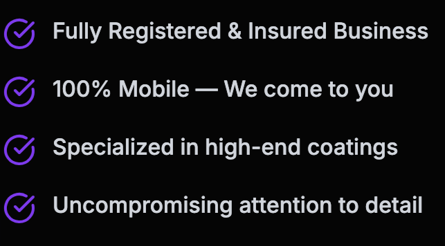 List of services emphasizing business registration, mobile services, high-end coatings, and attention to detail displayed with checkmarks.
