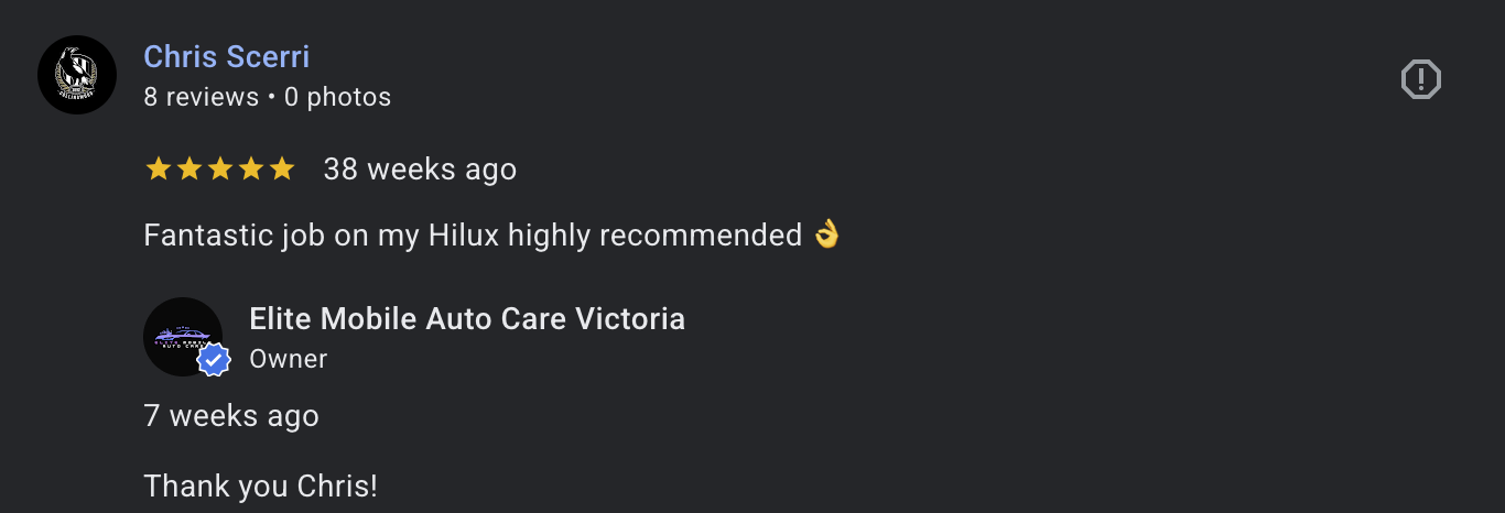 Google review of Elite Mobile Auto Care Victoria by Chris Scerri, five stars, praising the service on his Hyundai H1, with a reply from owner thanking Chris.