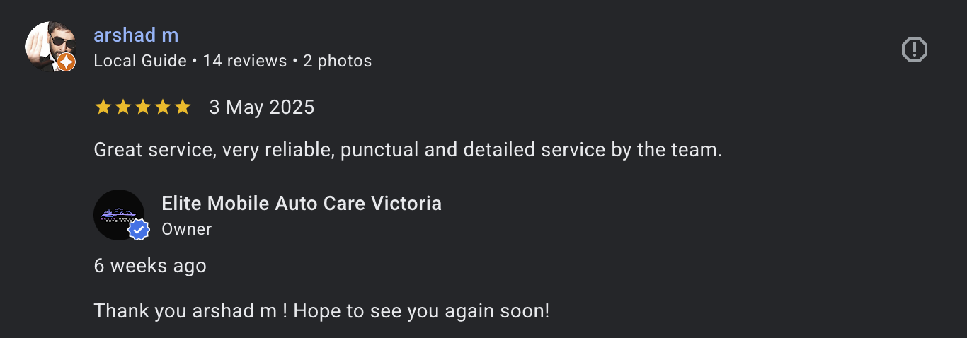 Google review includes 5-star rating from arshad m for Elite Mobile Auto Care Victoria, praising reliable and detailed service. Review date: May 3, 2025, owner responds a week later.