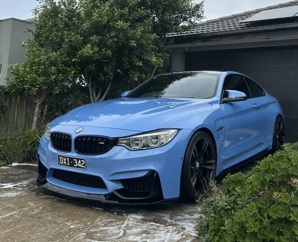 Light blue BMW coupe parked in front of a house, partially surrounded by green plants and bushes, with a black garage door in the background.