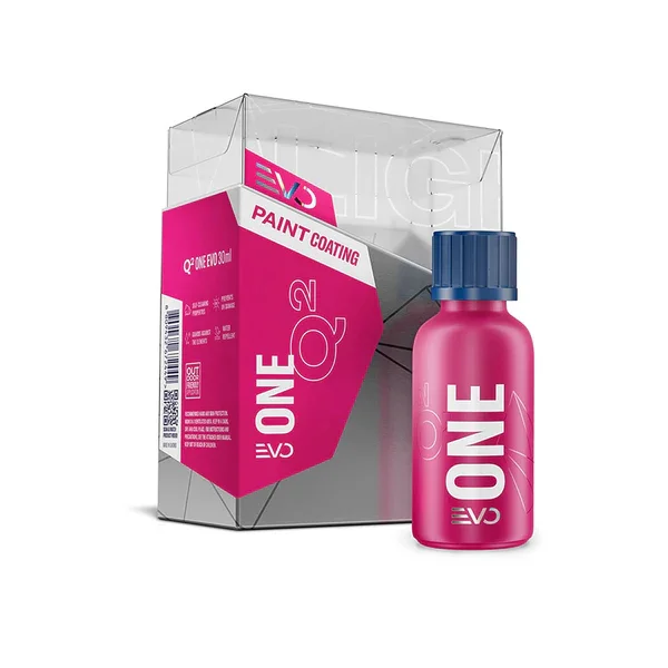 Pink bottle of EVA ONE Q2 paint coating beside its packaging box. The box is silver and pink with product information.
