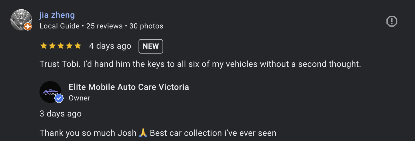 Screenshot of a Google review conversation; a customer reviews an auto care service, praising trust in the mechanic, Tobi, for handling keys to six vehicles, with the service performed at Elite Mobile Auto Care Victoria.