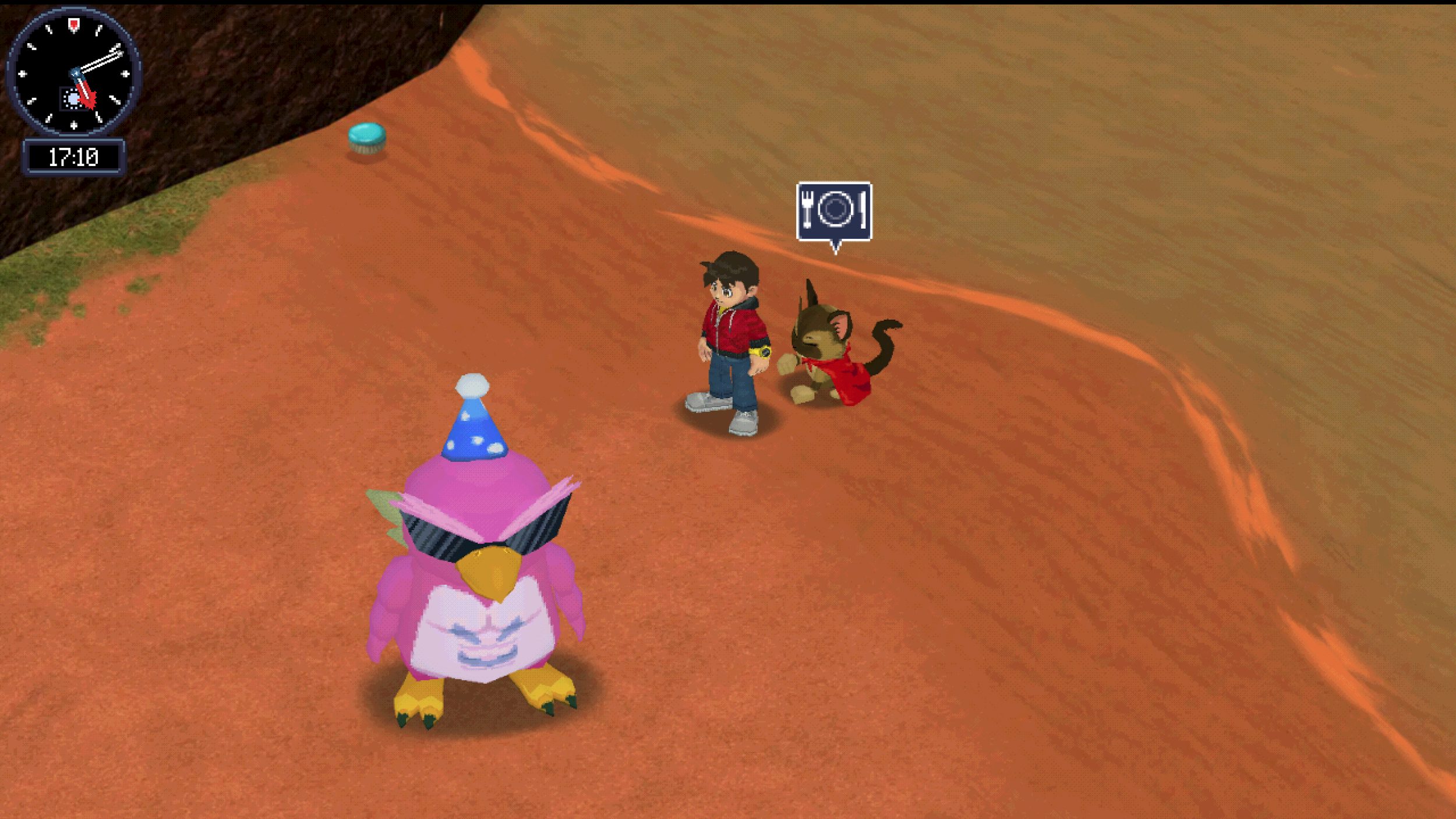 A sunset beach scene from Spire Of Arkodea showing the Beach King - a massive pink penguin with black sunglasses and a party hat in the foreground, with the player character and his red-caped catlike partner creature, Lukatto, following him.