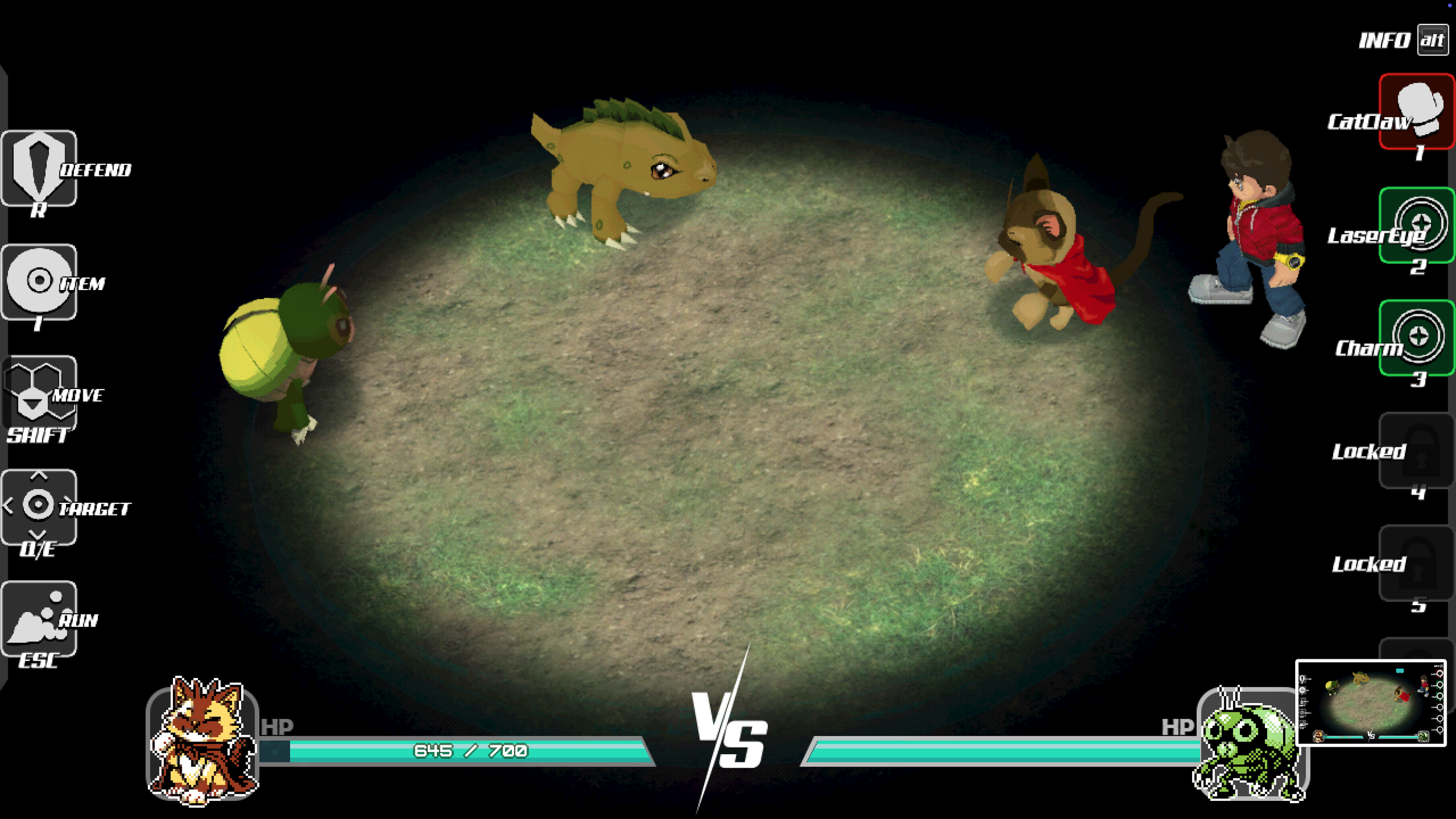 A battle scene from Spire of Arkodea featuring three creatures locked in battle: Lukatto, a cat-like creature, Bitterel, a green bug-like creature, and Mudobit, a brown lizard-like creature. The player character is watching from the sidelines.