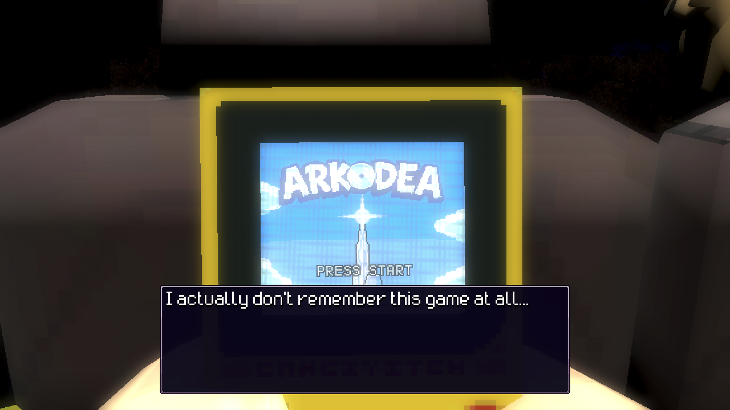 Close-up of an GameBoy-like system with a screen displaying the game Arkodea with the text "Press Start." A caption at the bottom reads, "I actually don't remember this game at all..."