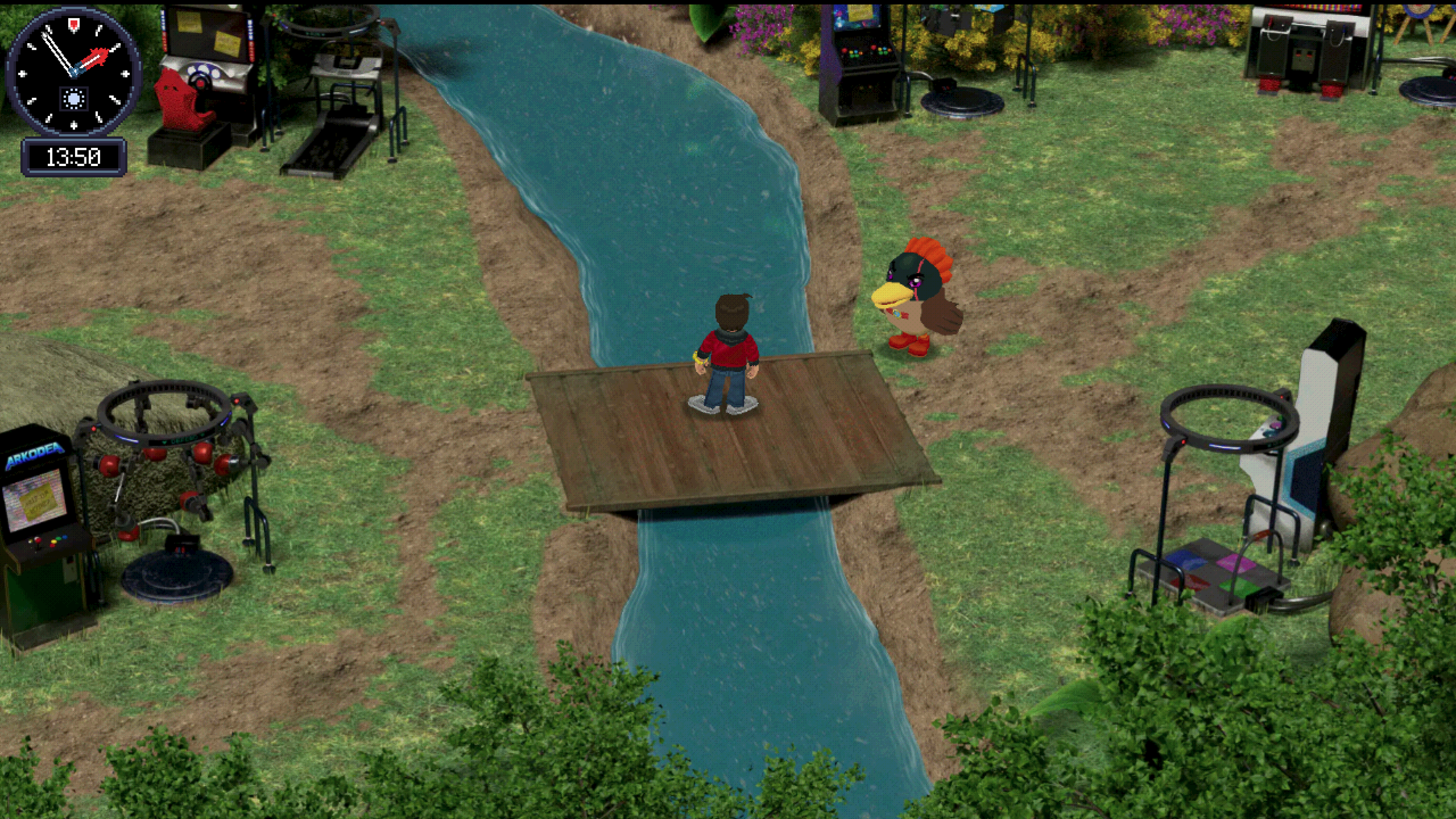 A scene from Spire Of Arkodea showing the Training Arcade. The area is a lush outdoor area littered with Arcade Cabinets, and shows the player standing on a wooden bridge over a stream, with their birdlike partner creature, Masket, standing nearby.