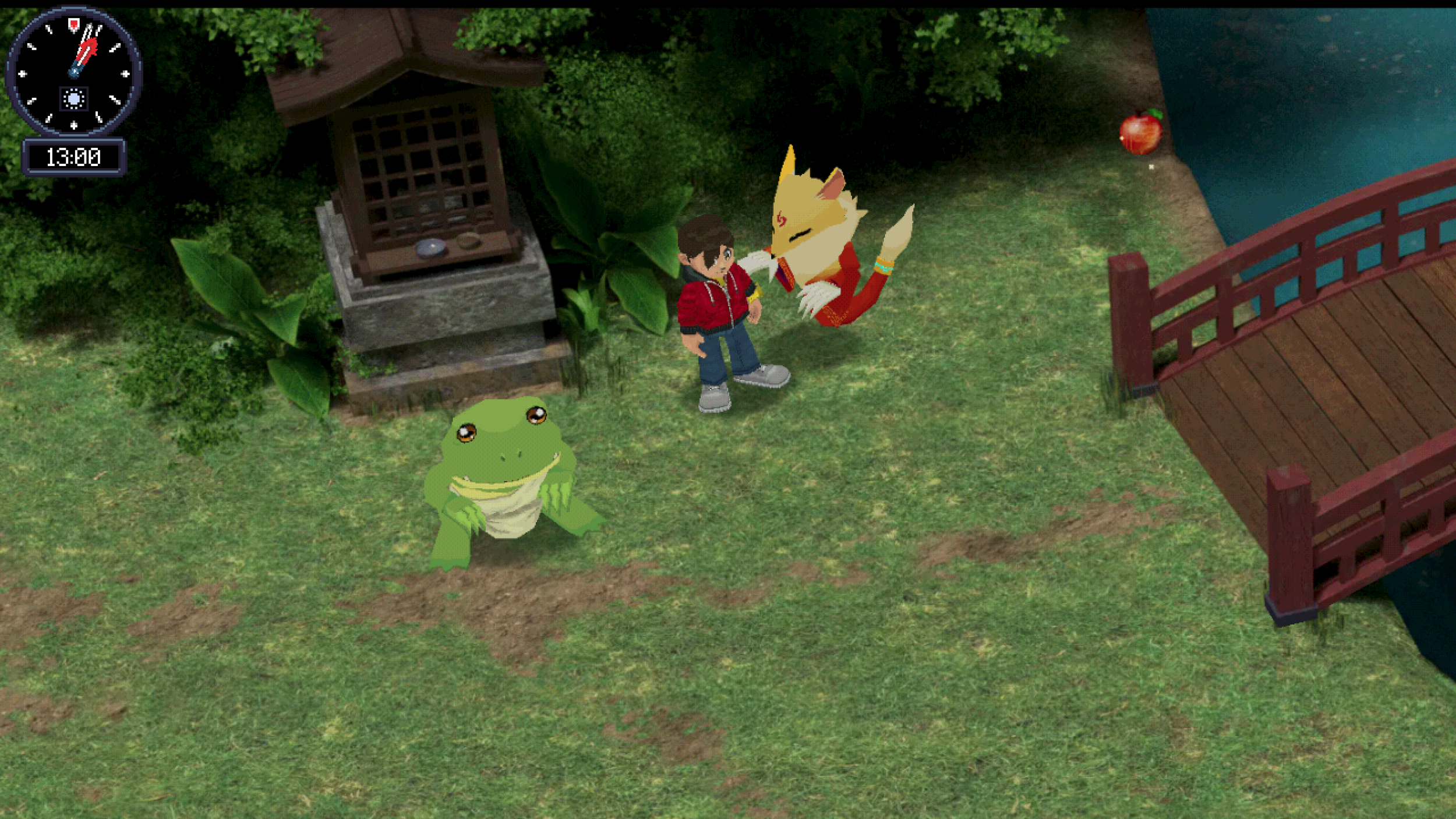 A scene featuring the play standing next to a fox-like creature, and a green frog-like creature sitting on the ground nearby. There is a red wooden bridge over water to the right, lush green trees, and a small shrine the left.