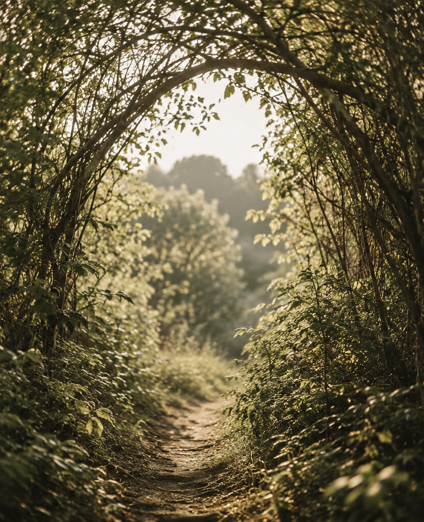 A dirt path leading through an archway of tree branches and leaves in a lush green forest.