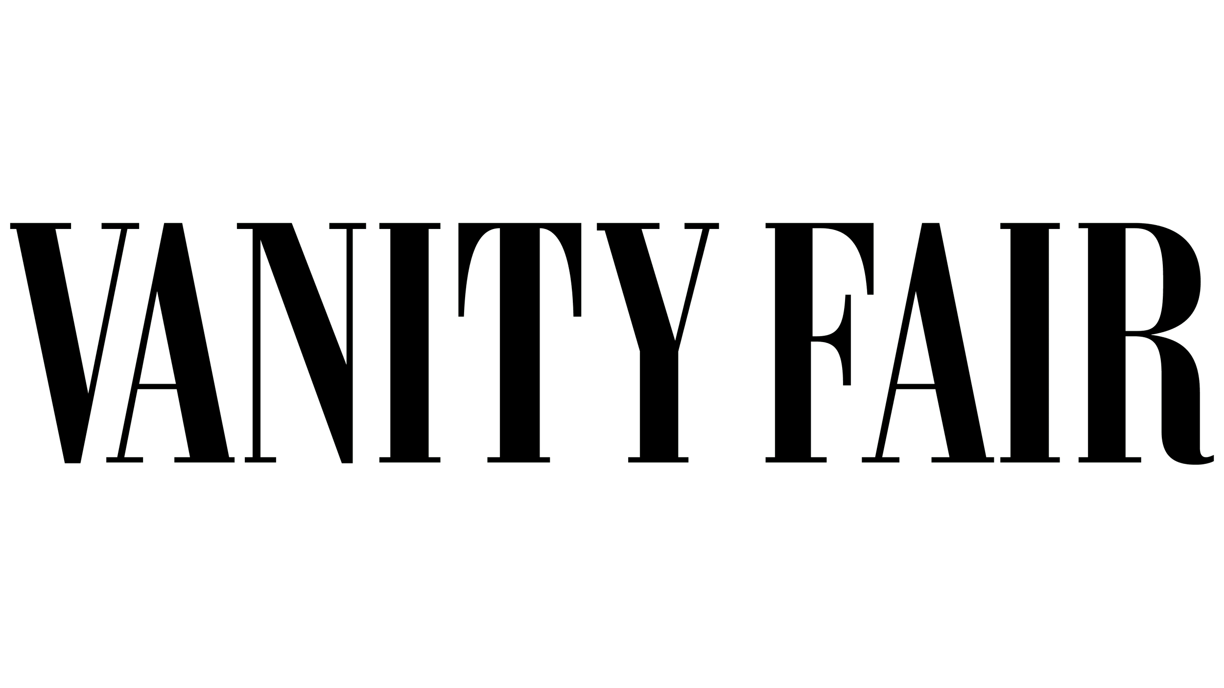 The word 'VANITY FAIR' written in large, stylized outline letters on a black background.