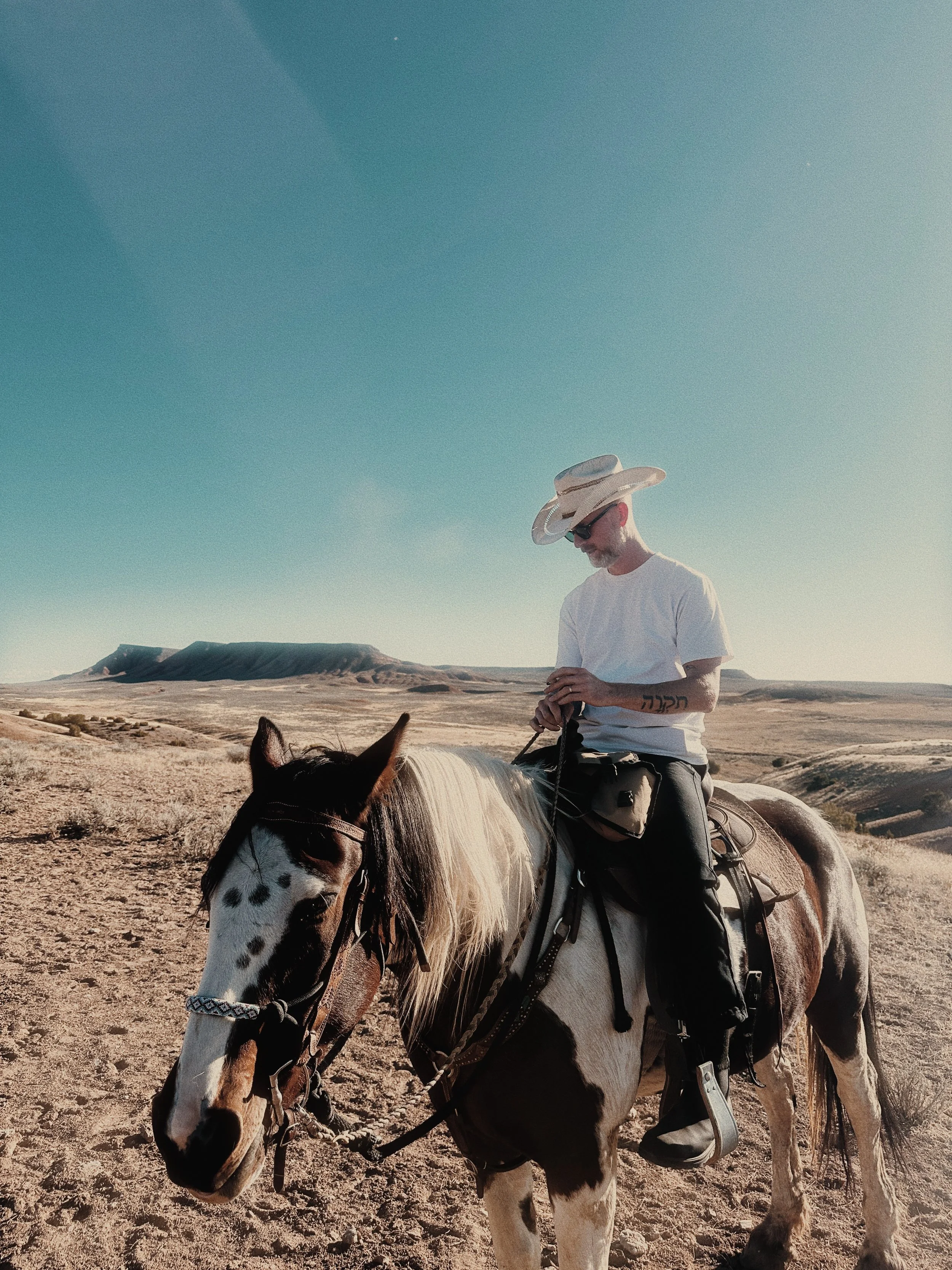 A man wearing a white t-shirt, cowboy hat, and sunglasses riding a painted pinto horse in a desert landscape with mountains in the background.