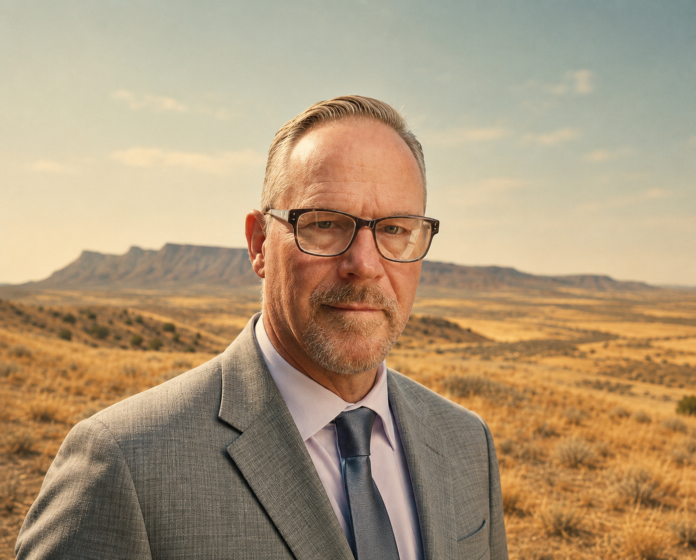 A middle-aged man with glasses and a beard in a grey suit, standing outdoors in a desert landscape with mountains in the background.