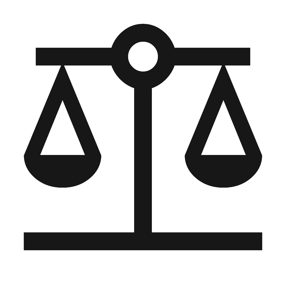 A black and white icon of a balance scale, with two pans hanging from a horizontal beam.