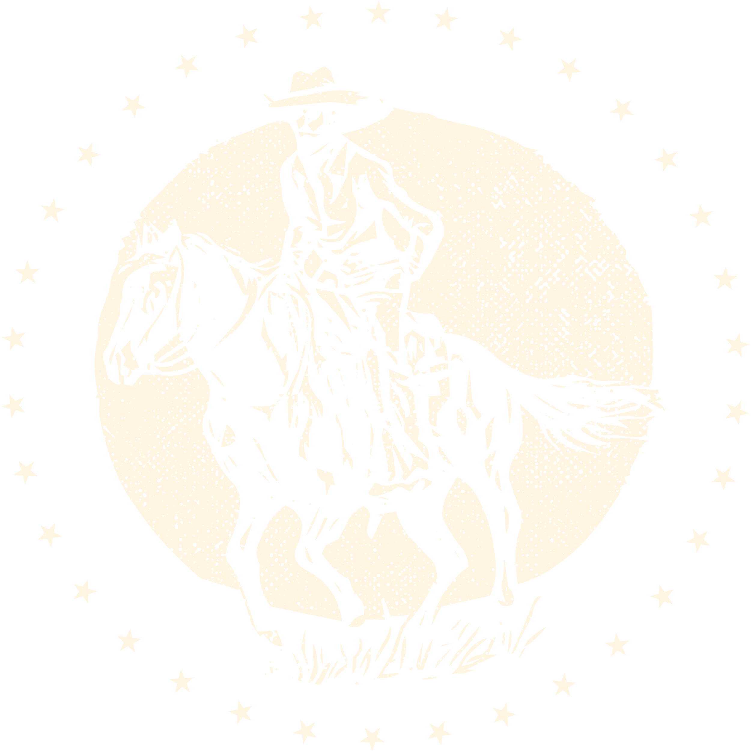 A vintage-style illustration of a person riding a horse against a dark background with white stars and a moon.