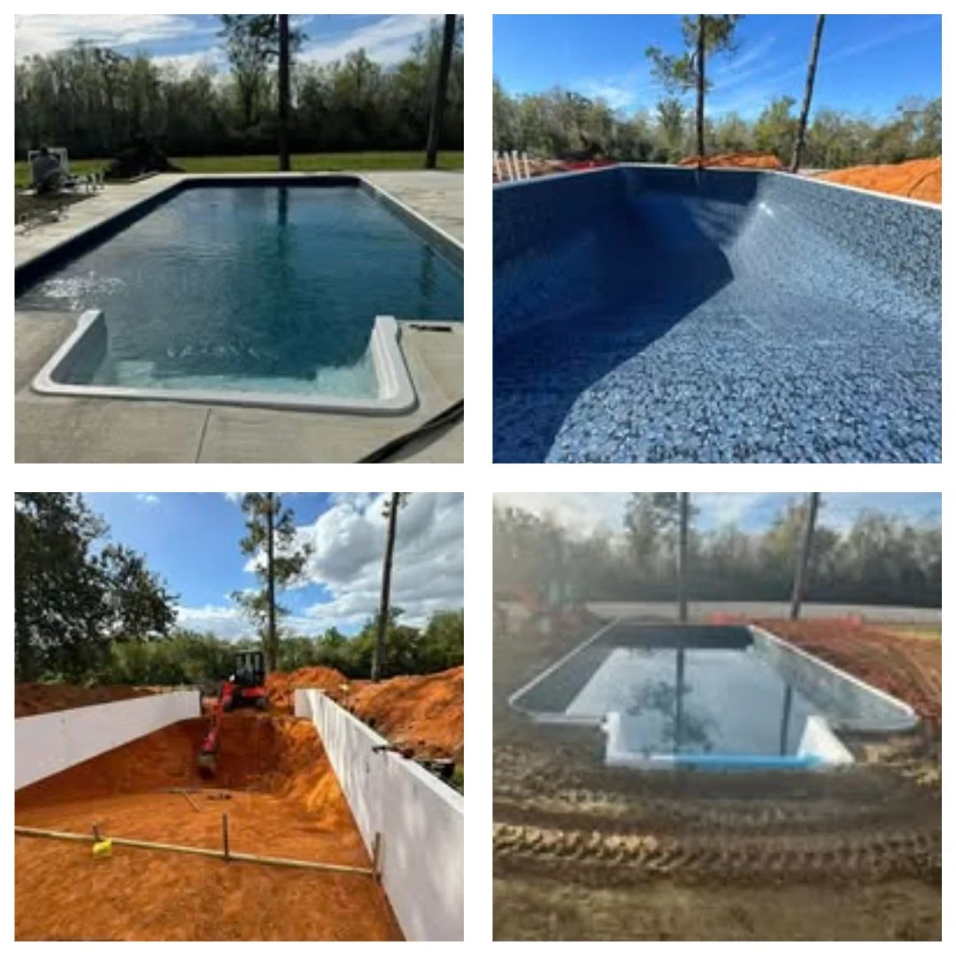 A collage of four photos showing the stages of a swimming pool being built. The first photo shows a finished pool, the second shows a pool with blue tiles, the third shows construction with equipment and dirt, and the fourth shows the pool with a concrete edge being formed.