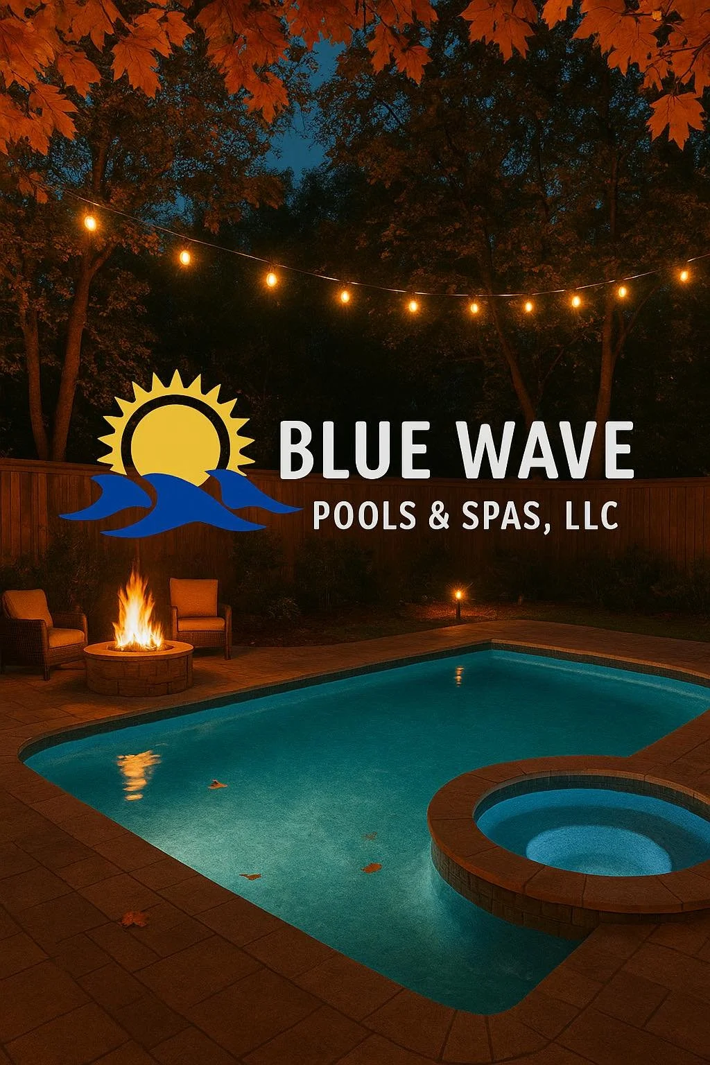 A backyard pool with a fire pit and chairs, surrounded by trees with autumn leaves, string lights overhead, and a sign for Blue Wave Pools & Spas, LLC.