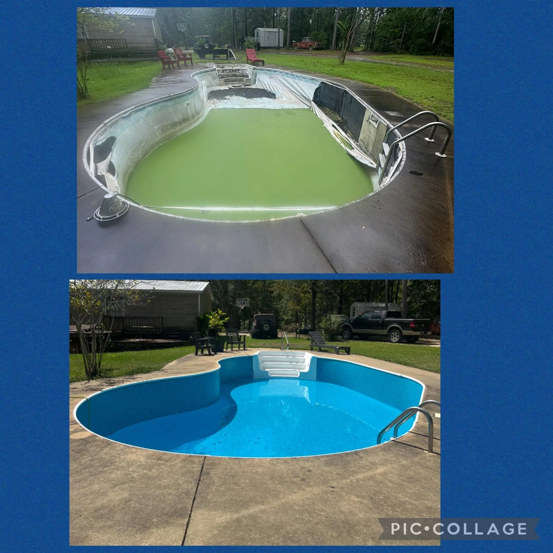 Both images feature backyard swimming pools. The first pool is empty, worn out, with green algae and debris, set in a yard with outdoor chairs, a shed, trees, and parked vehicles in the background. The second pool is clean, blue, with a clear interio