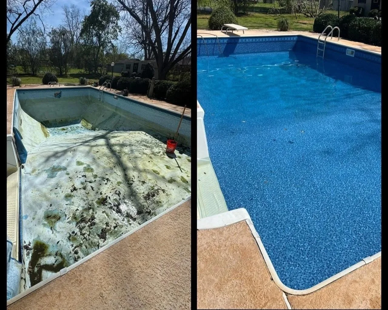 Side-by-side comparison of a swimming pool before and after cleaning. The left shows a dirty, algae-covered pool, and the right shows a clean, blue-tiled pool.