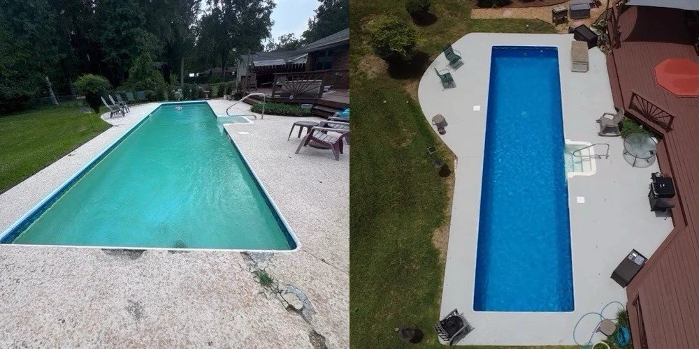 Comparison of two swimming pools, one seen from ground level and one from aerial view, both surrounded by concrete decks and outdoor furniture.