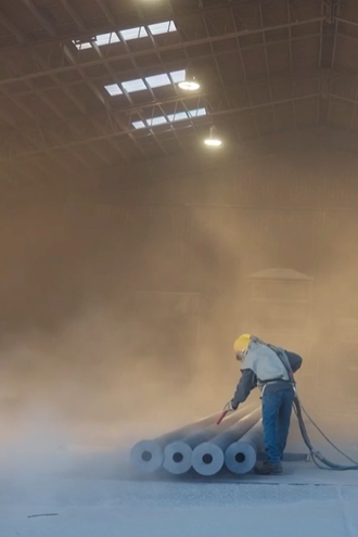 A HotKote employee in the waverly, nebraska media facility sand blasting four gray cylinder pipes