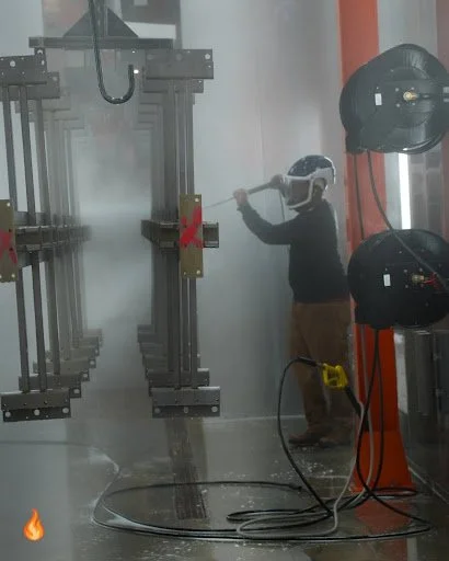 Someone wearing protective gear is using a high-pressure washer to clean a large industrial metal structure in a workshop or manufacturing environment.