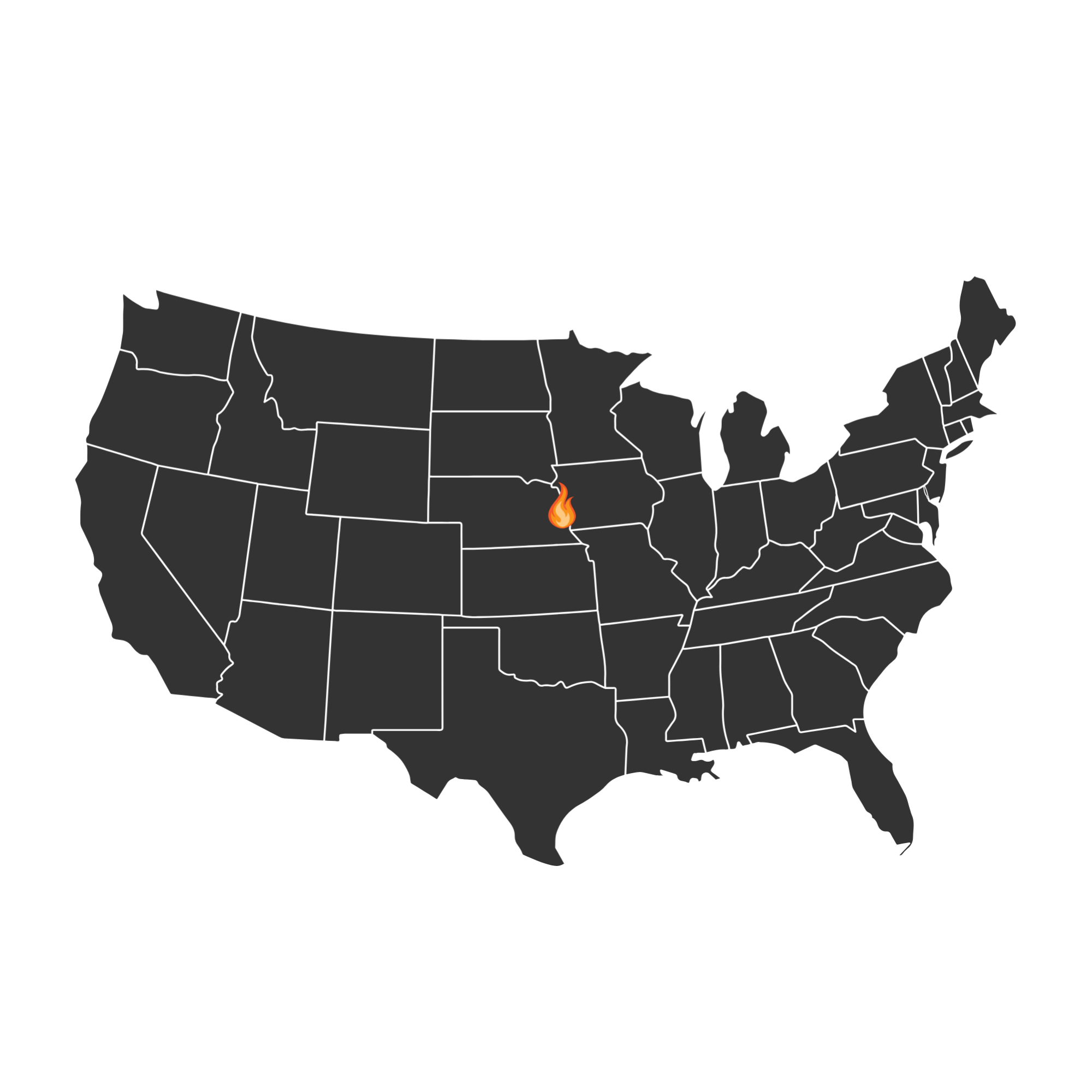 Map of the United States with a highlighted location of lincoln and waverly nebraska with a flame icon.