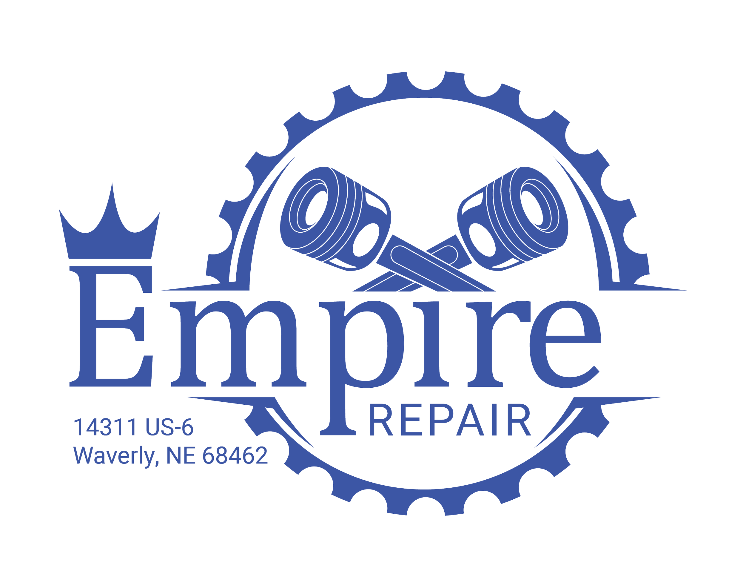 Logo for Emmire Auto Repair featuring a gear, a piston, and a wrench, with contact information and location in Waverly, Nebraska.