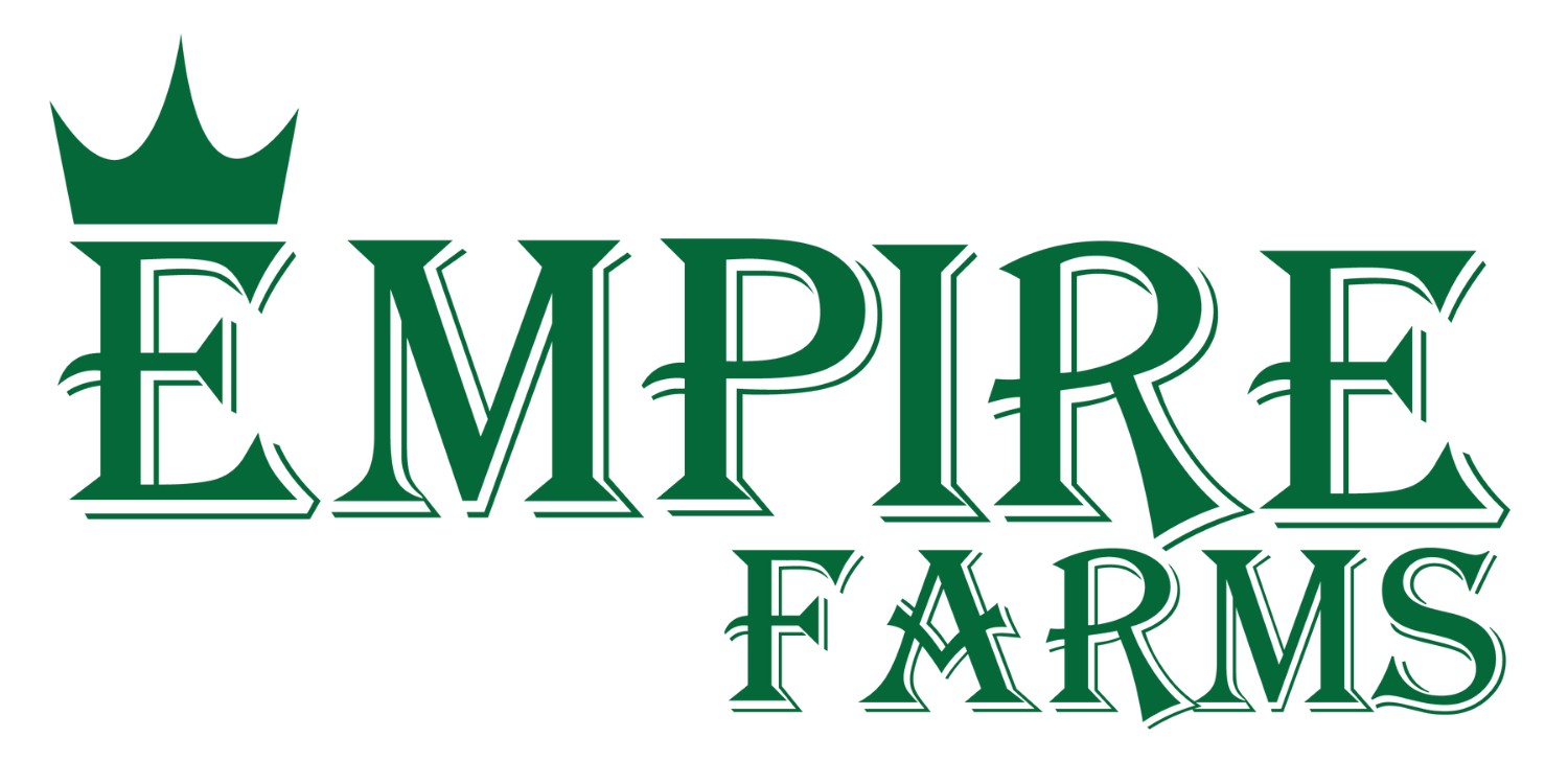 The logo for Empire Farms with a green crown above the words 'Empire Farms' in a green stylized font.