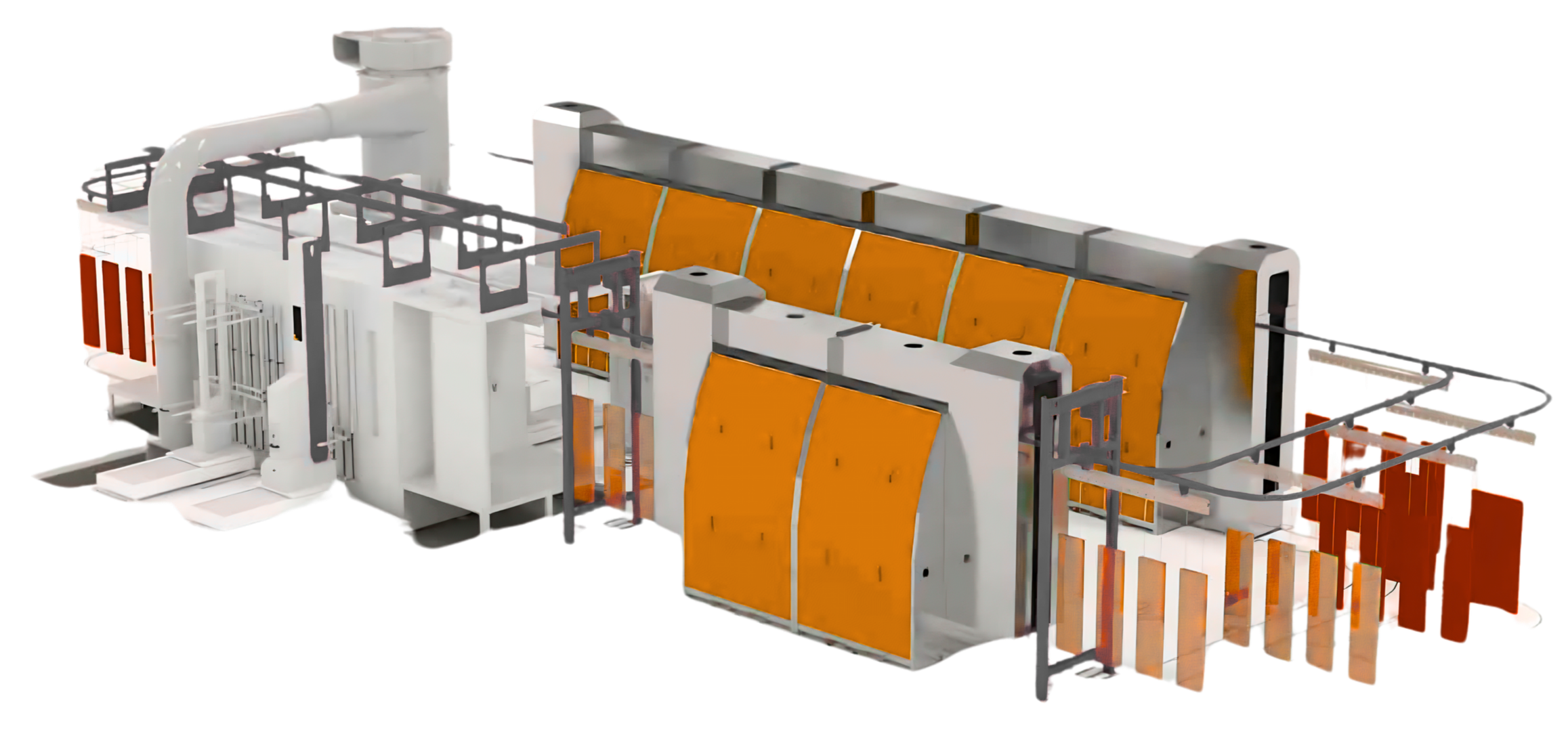A model of HotKote's infrared oven. It has a gray building with orange sections and a conveyer belt for manufacturing man products.