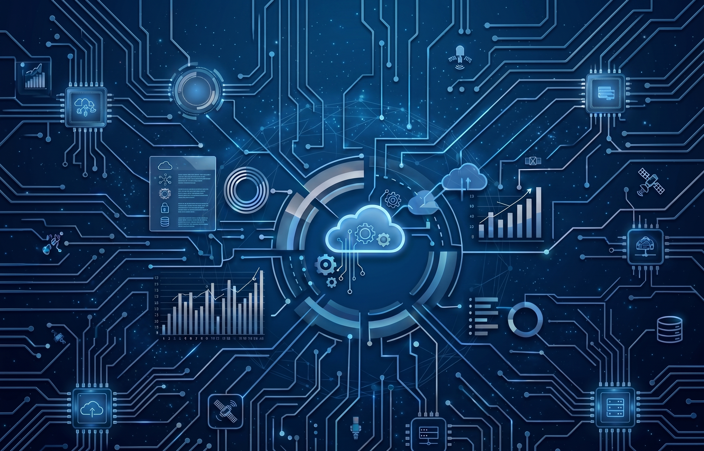 Abstract digital illustration representing enterprise cloud security, AI network architecture, and secure data connections for modern IT infrastructure.