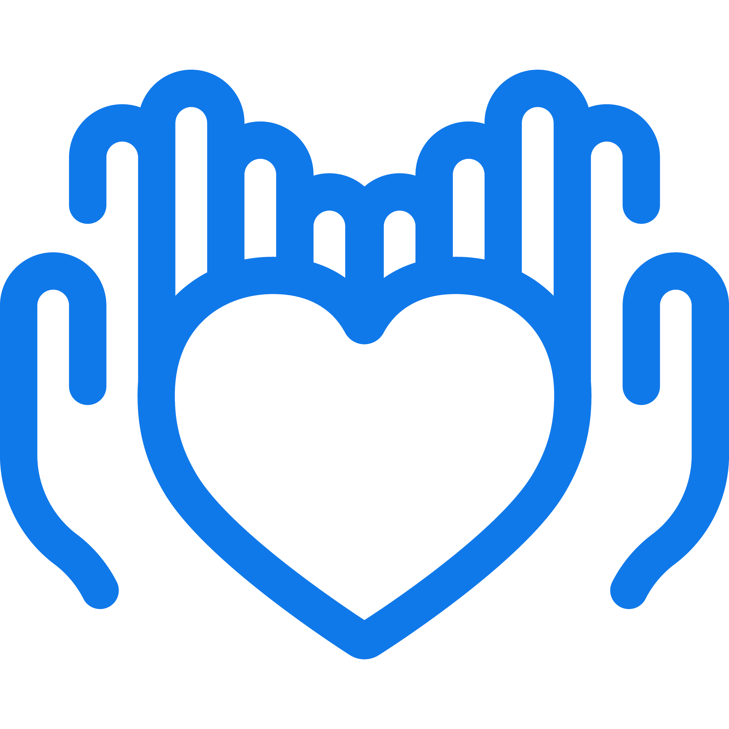 Blue line icon of hands holding a heart, representing managed IT services, secure data protection, and automated workflows for the nonprofit sector.