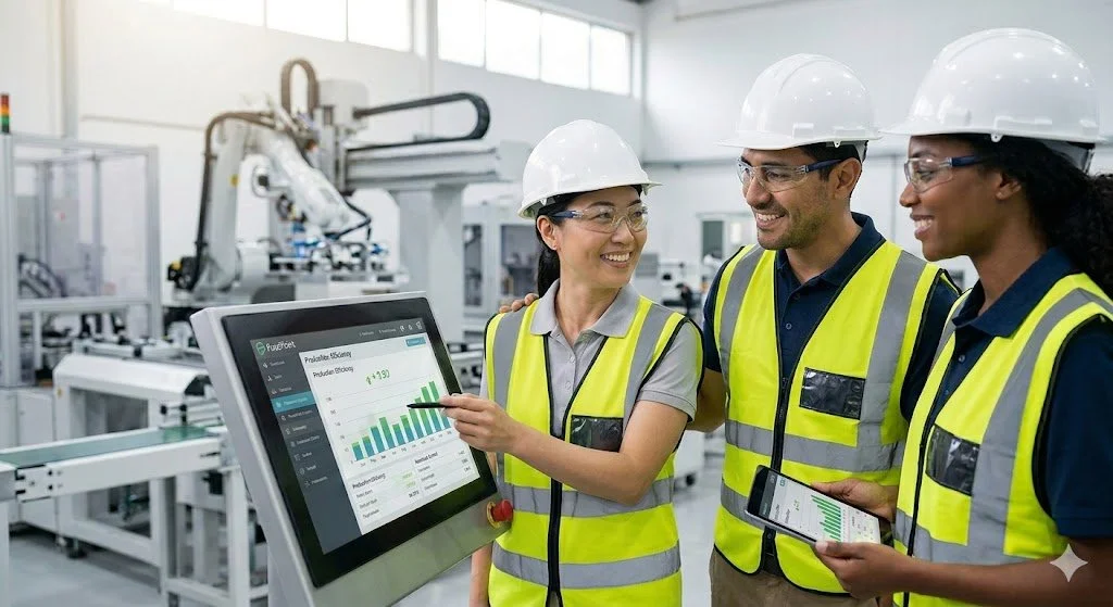 Manufacturing professionals reviewing production data on a touchscreen monitor, representing intelligent automation and AI supply chain logistics in the industrial sector.