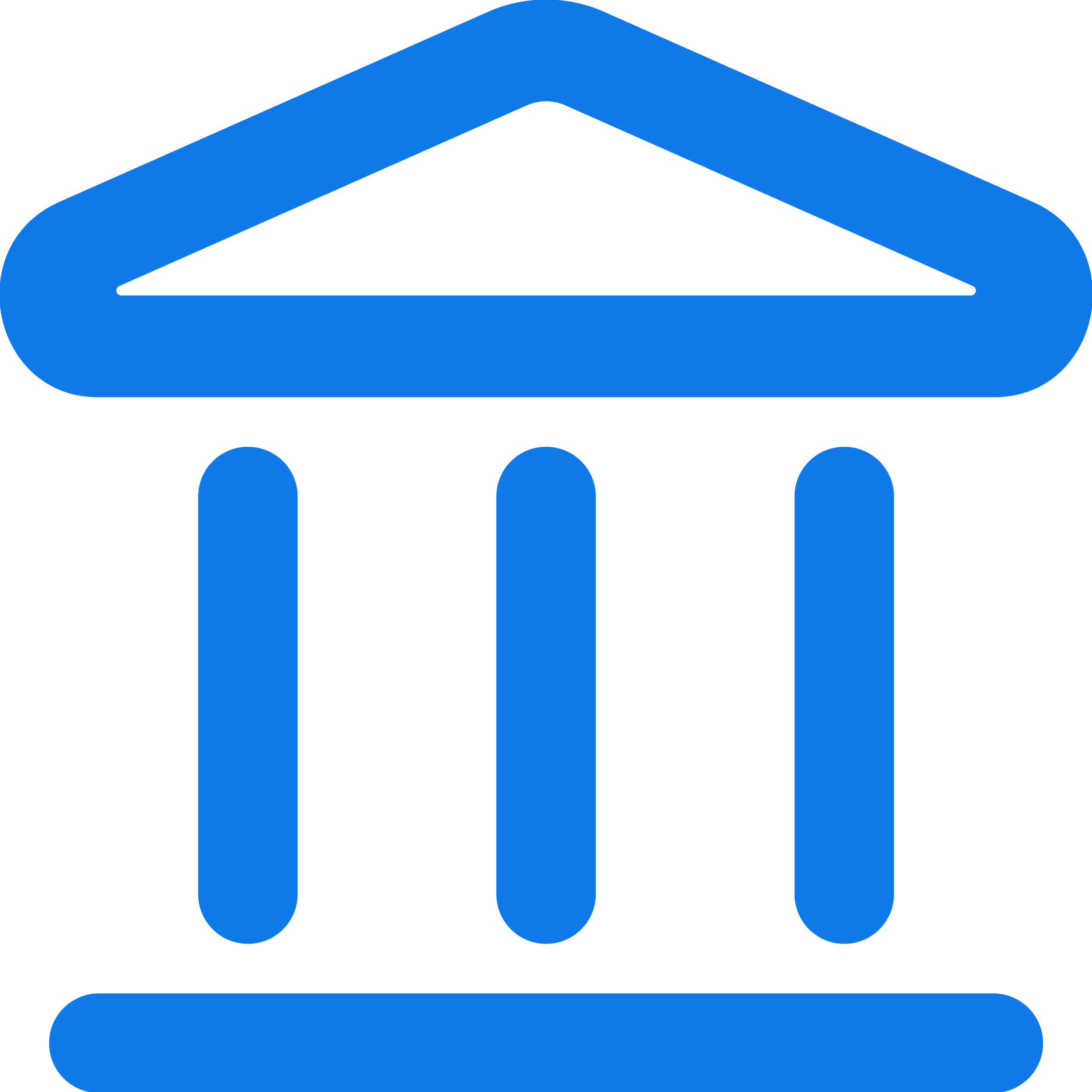 Blue line icon of an institutional building, representing secure financial IT services, strict regulatory compliance, and banking automation strategy.