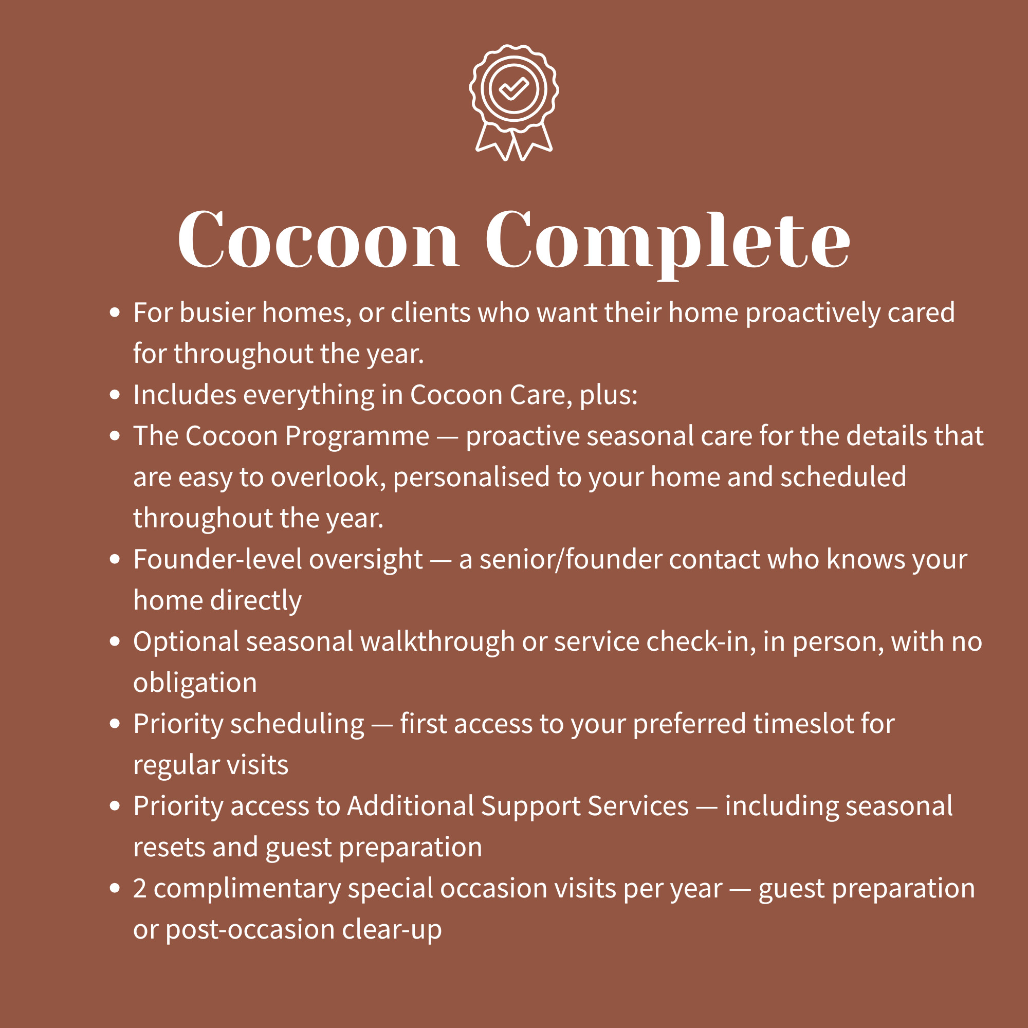 A brown background with white text describing the Cocoon Complete service. The text includes features, benefits, and additional information about the service, with a small icon of a ribbon or badge at the top.