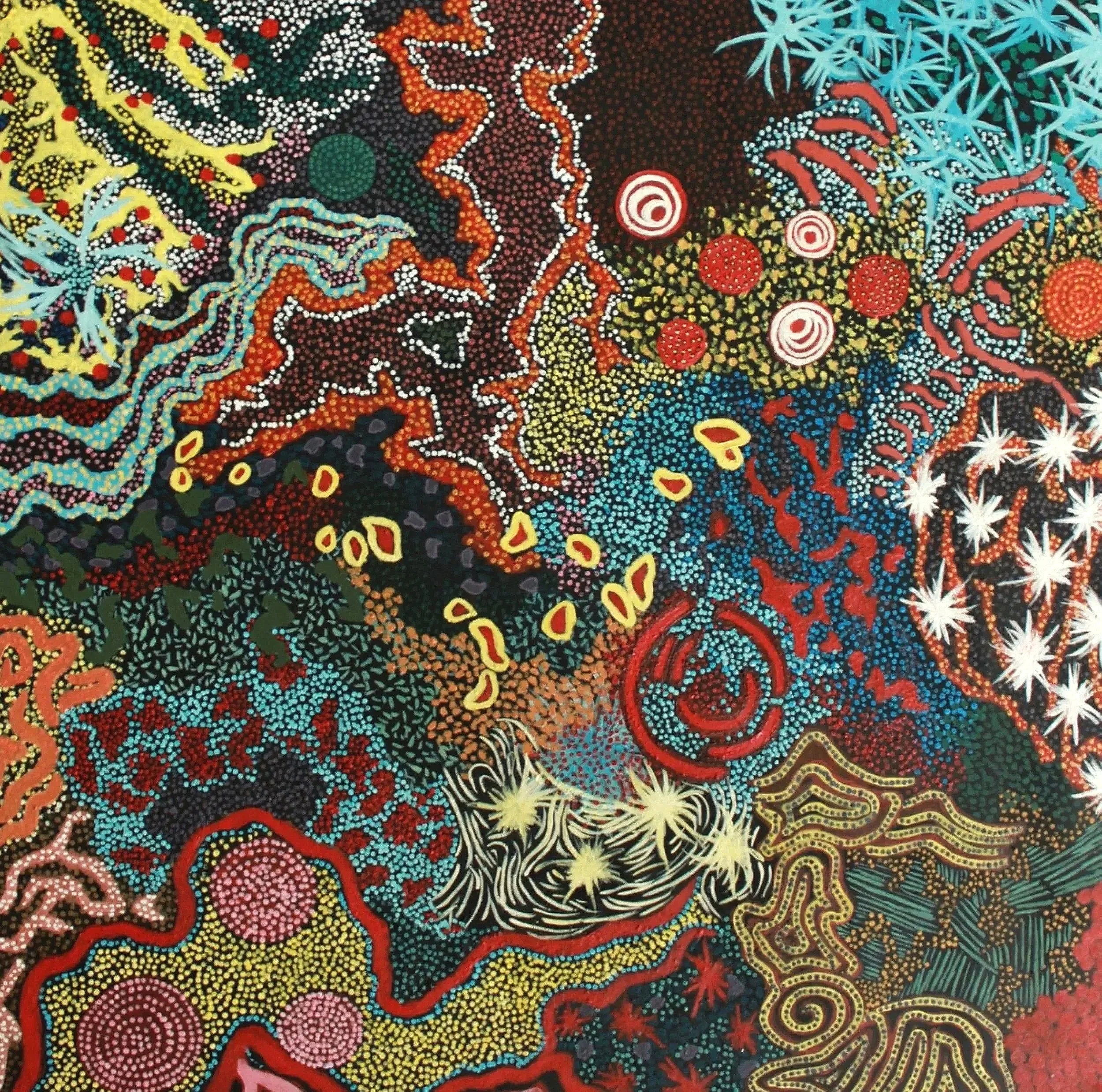 Dots create a detailed indigenous Australian artwork with intricate patterns depicting animals, plants, and natural elements in bright colors including yellow, red, blue, and white on a dark background.