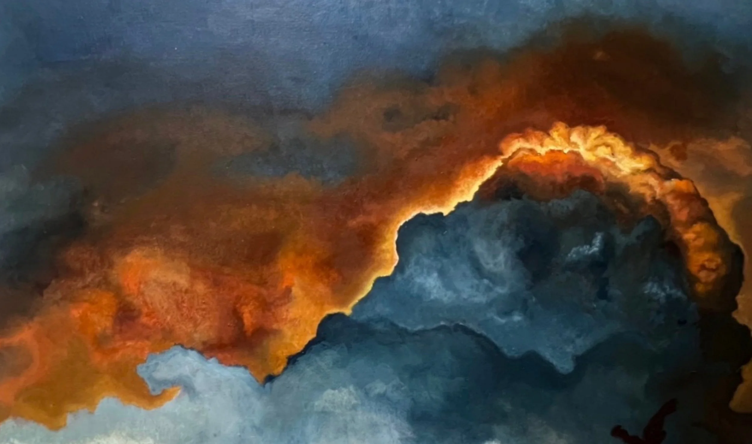An abstract painting depicting swirling dark and light clouds with fiery orange and yellow highlights.