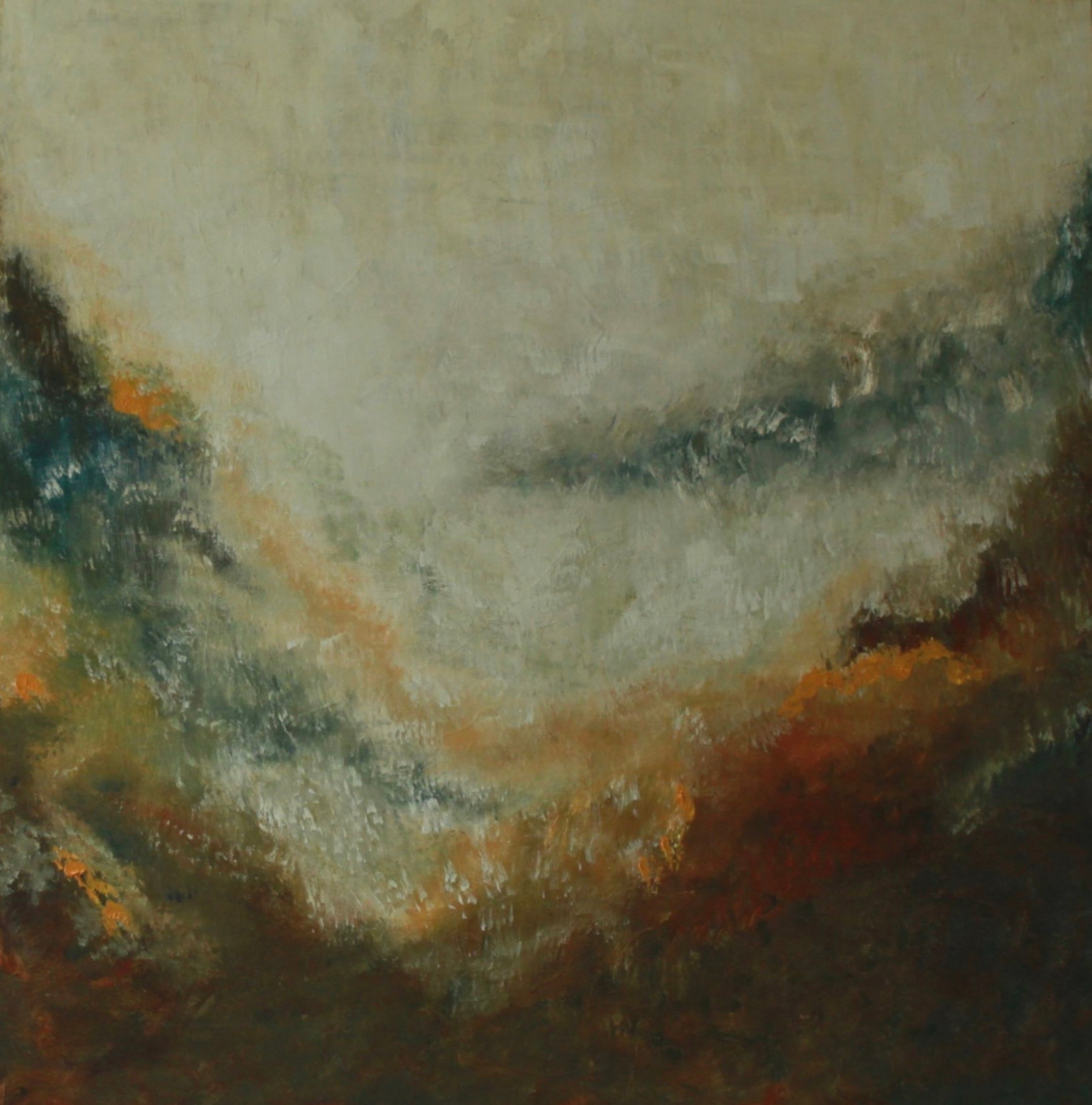 Section of a landscape painting with dark green trees, orange and yellow ground, and a large grayish sky.