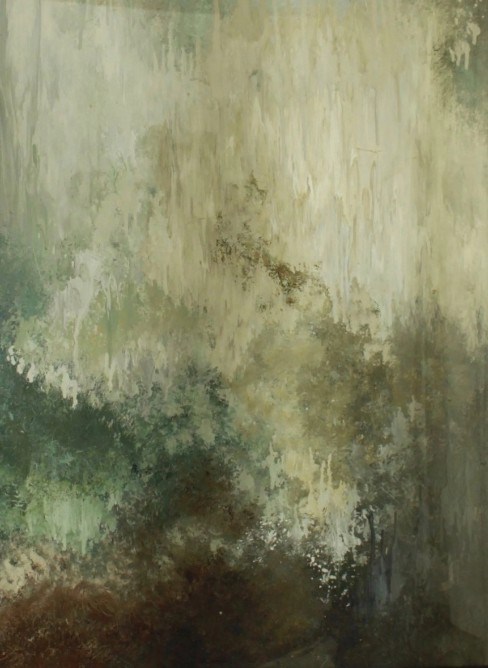 A weathered wall with peeling paint and moss growth, with some dark streaks and patches of discoloration.