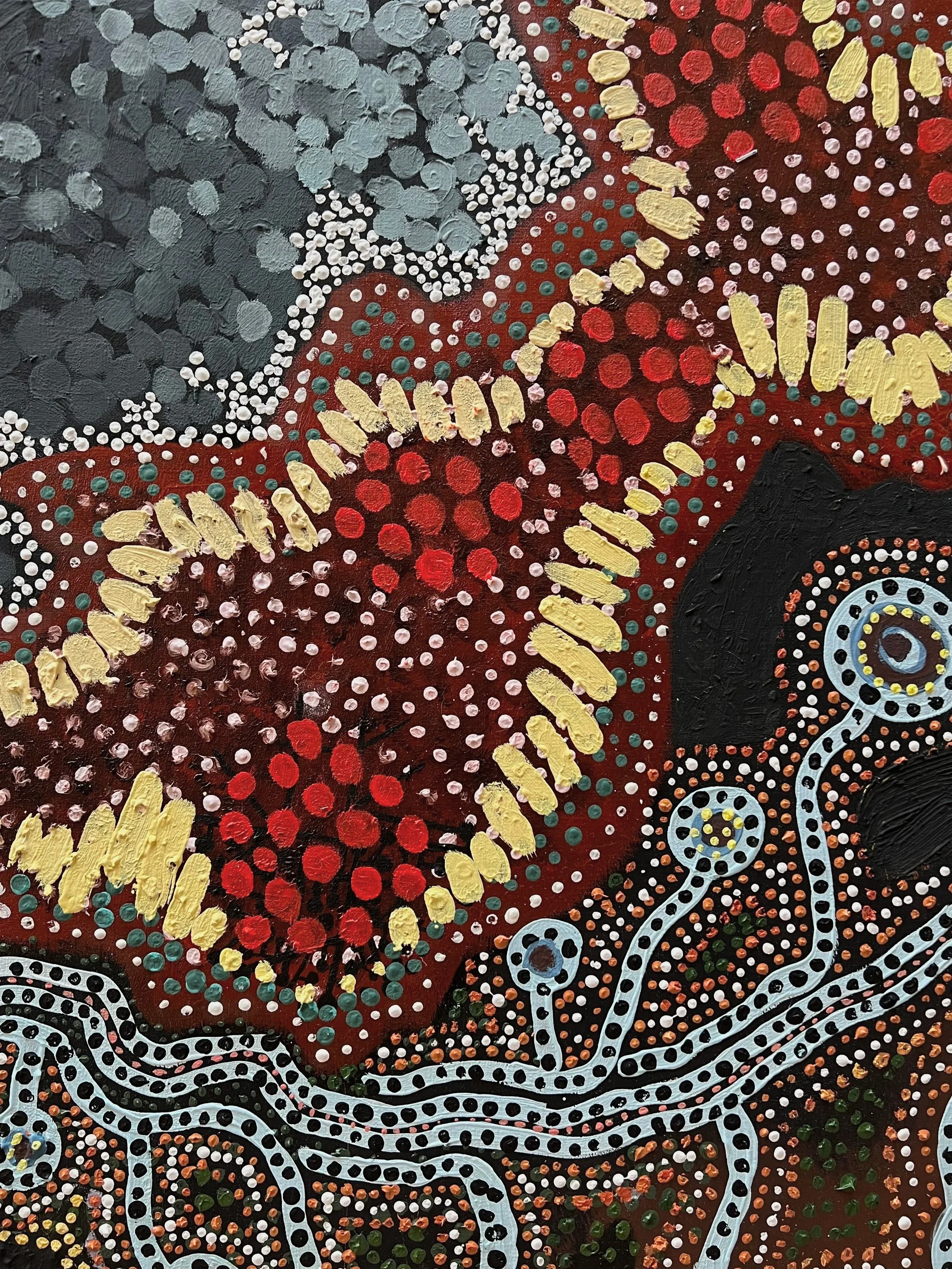 Close-up of a colorful indigenous Australian dot painting with various patterns, dots, and swirling lines in red, black, yellow, and other colors.