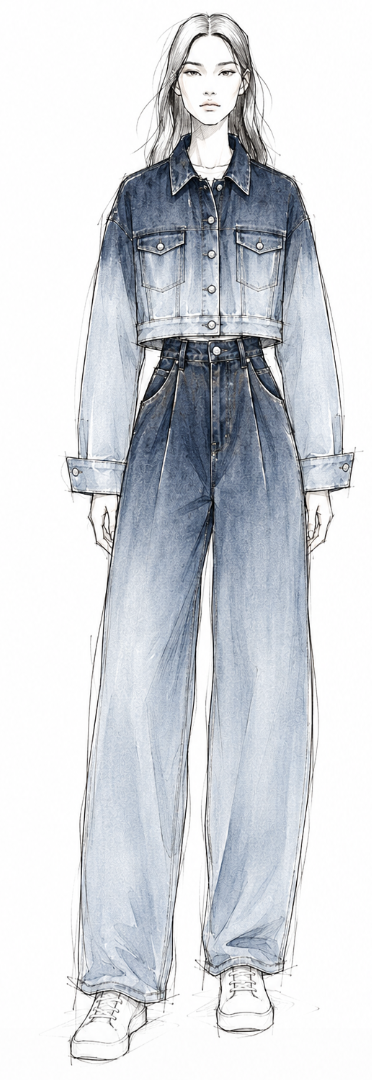A fashion illustration of a young woman wearing a denim cropped jacket with puffed long sleeves, high-waisted wide-leg jeans, and white sneakers.