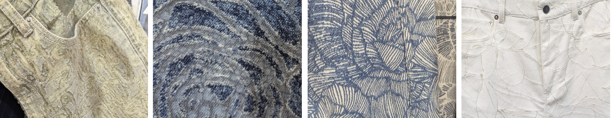 Close-up of four fabric pieces showing detailed patterns and textures, including embroidery and woven designs in various shades of cream, beige, and blue.