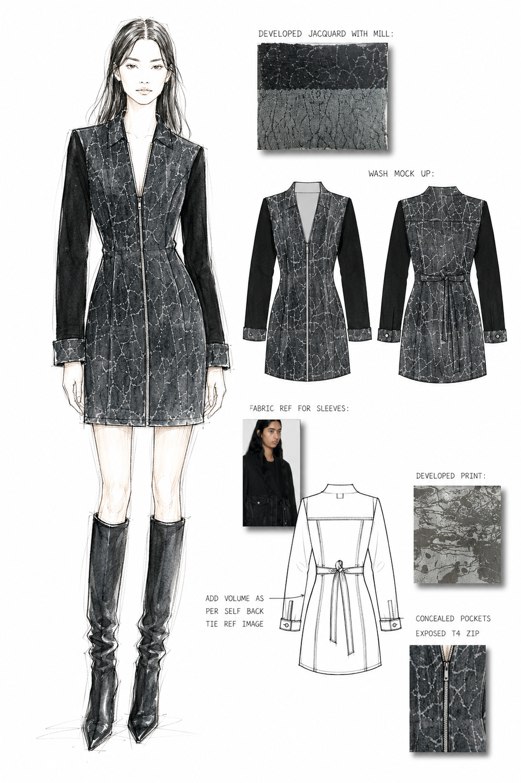 Fashion design sketch of a woman in a black and gray patterned coat dress with knee-high boots, front and back views, fabric details, and design notes.